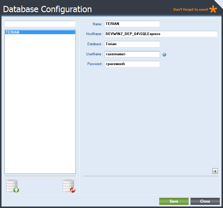 Database Configuration form displaying Database Connection Details.