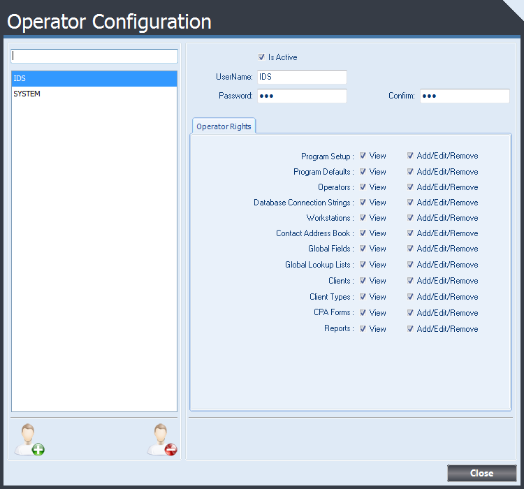 Operator Configuration form displaying settings available for each Operator.